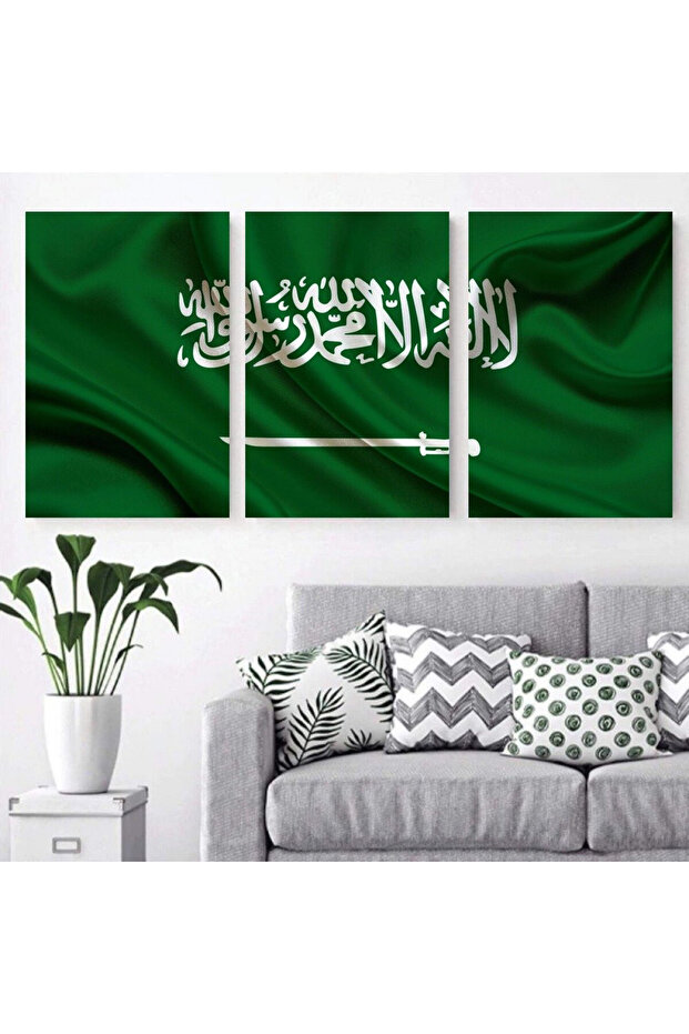 ثلاث لوحات قماشية علم المملكة العربية السعودية مع برواز فضي مجوف