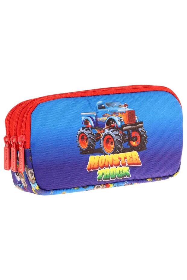 Kids Red Blue, Monster Truck, Boys Three Compartment School Pencil Bag - L8257