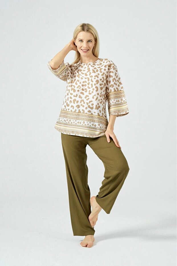 Dika 2549 Khaki Beige Leopard Pattern Capri Sleeve Trousers Set