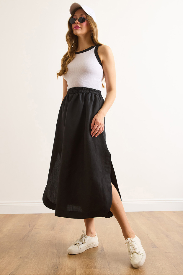 Women's White Black Slit Trend Midi Dress Elb-19002480