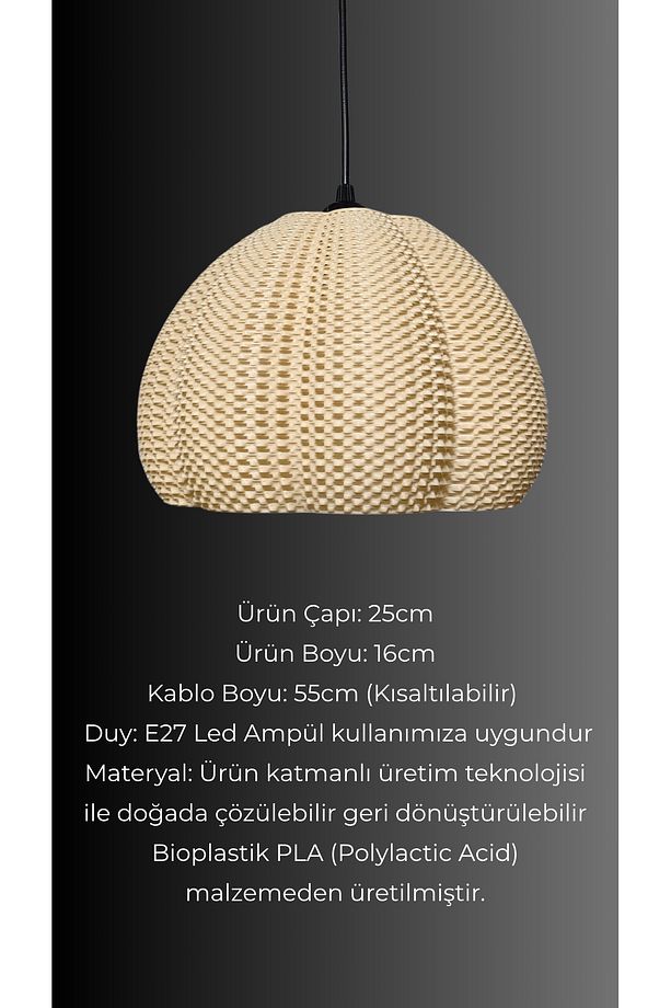 Verda Hasır Renk Rattan Görünümlü Tekli Avize , Pinterest Tarzı Tekli Sarkıt Avize (Bioplastik) E27 - 4