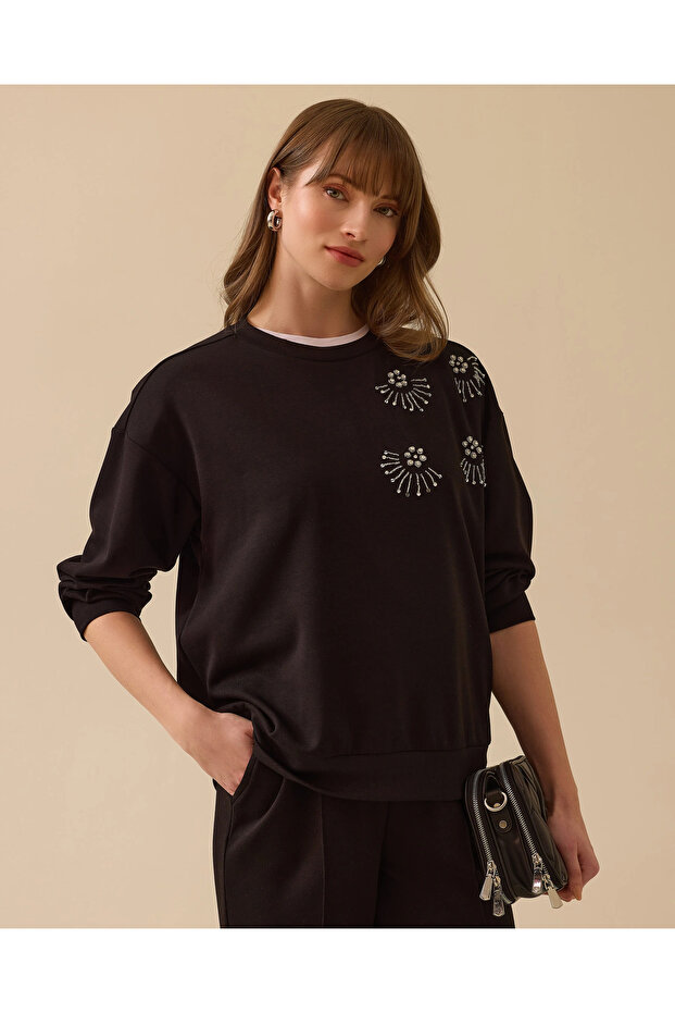 Yuvarlak Yaka Taş İşlemeli Sweatshirt - 1