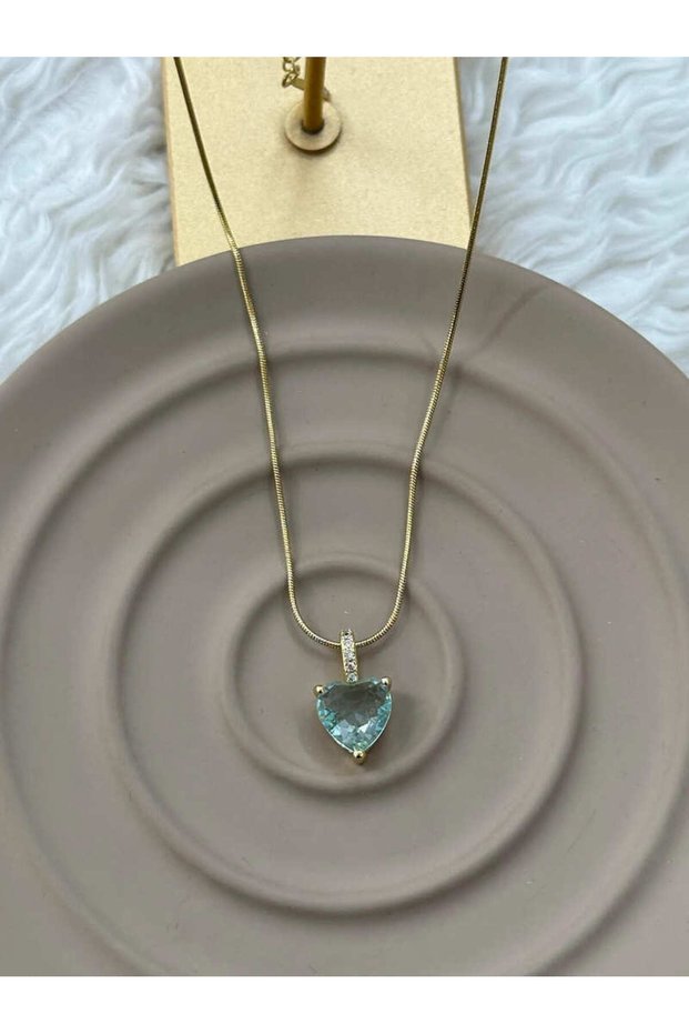 Gold Color 316L Chain Heart Cut Blue Stone Elegant and Meaningful Gift Steel Necklace