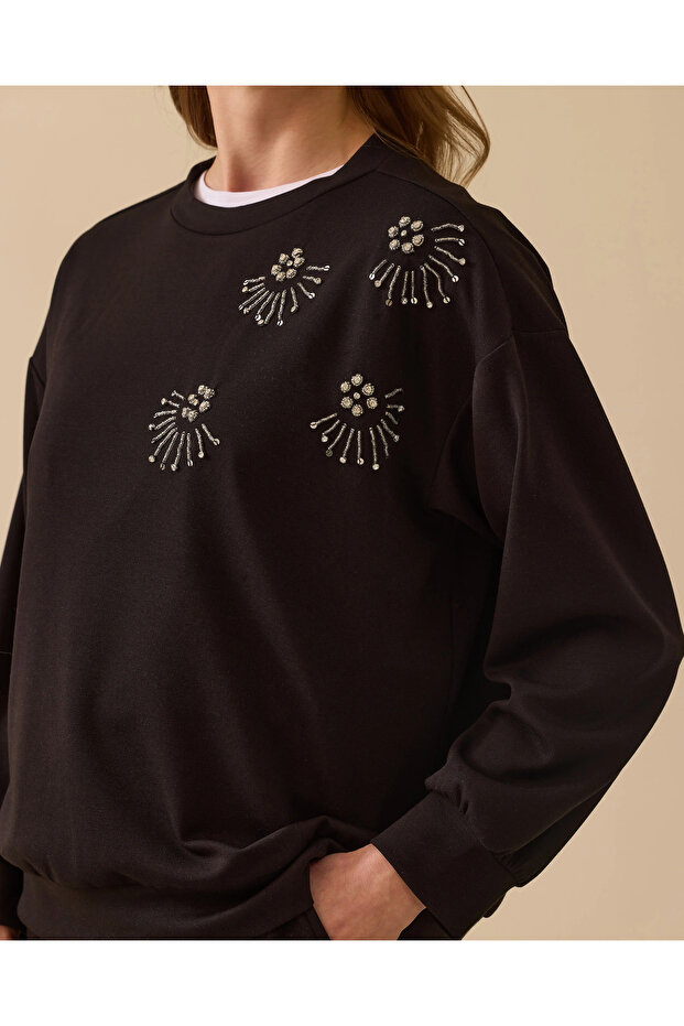 Yuvarlak Yaka Taş İşlemeli Sweatshirt - 5