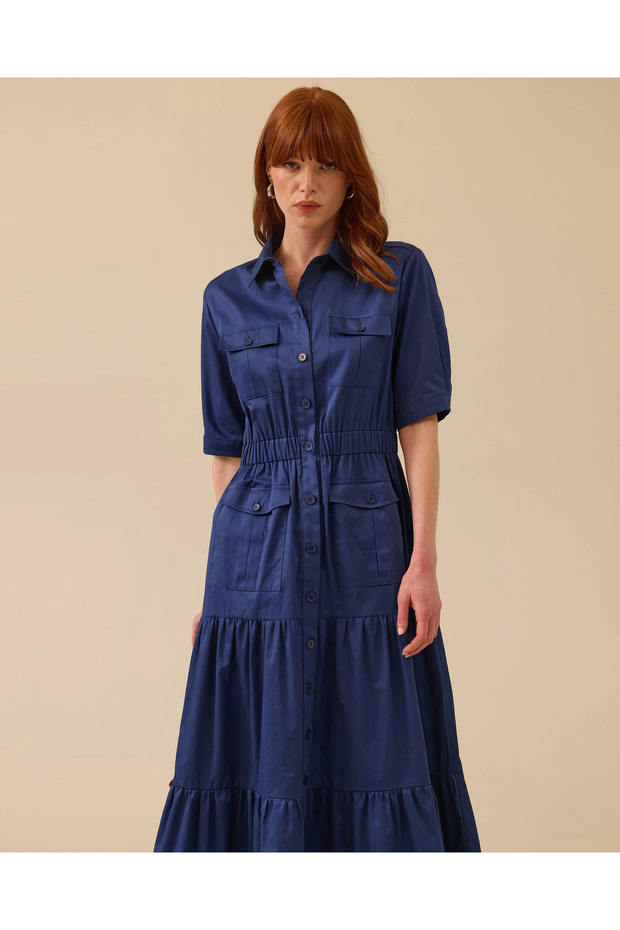 Elastik Bel Katlı Etek Detaylı Düğmeli Elbise - 3