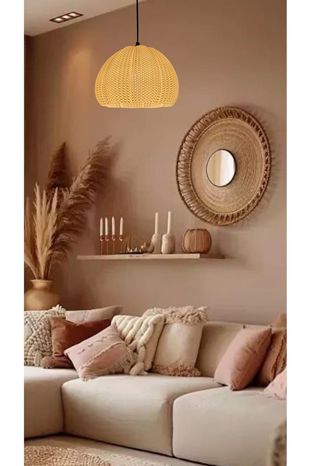 Verda Hasır Renk Rattan Görünümlü Tekli Avize , Pinterest Tarzı Tekli Sarkıt Avize (Bioplastik) E27 - 2