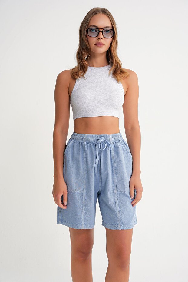 4732 Kadın Şehir Boy Parça Boyalı Basic Şort Antik Mavi - 2