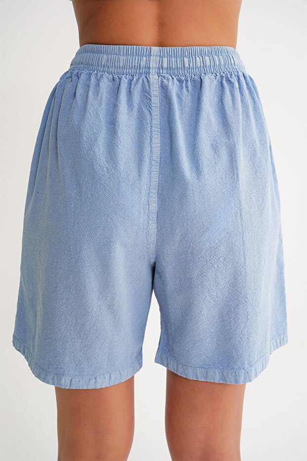 4732 Kadın Şehir Boy Parça Boyalı Basic Şort Antik Mavi - 6