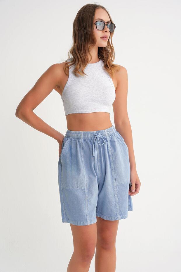 4732 Kadın Şehir Boy Parça Boyalı Basic Şort Antik Mavi - 3