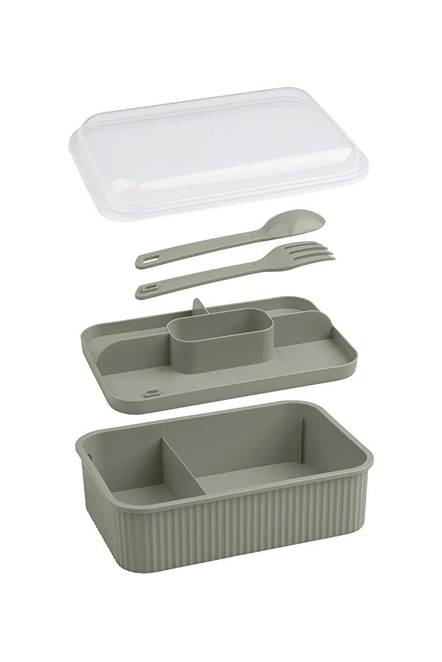 Striped 5 Compartment Lunch Box with Fork and Spoon Transparent Lid Leakproof Lunch Box School Office 1 Piece
