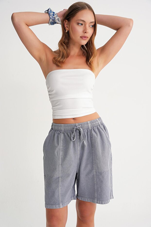 4732 Kadın Şehir Boy Parça Boyalı Basic Şort Antik Gri - 3