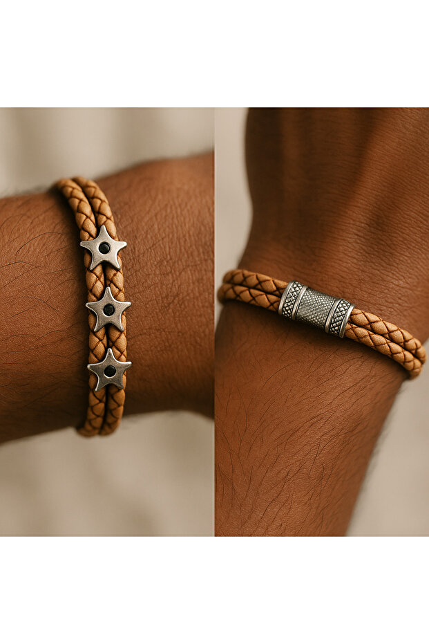 Men's Zebra Model Zircon Stone Triple Ninja Star Shuriken Double Genuine Leather Bracelet