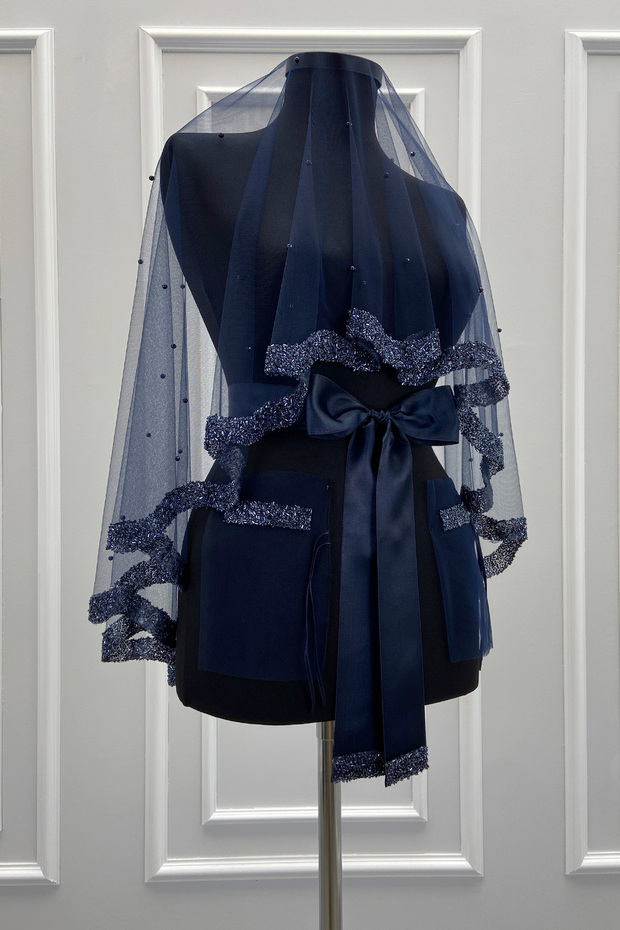 Navy Blue Bridal Veil Set, Glass Beads and Pearls, Henna Night Veil Face Cover Set 6 Pieces