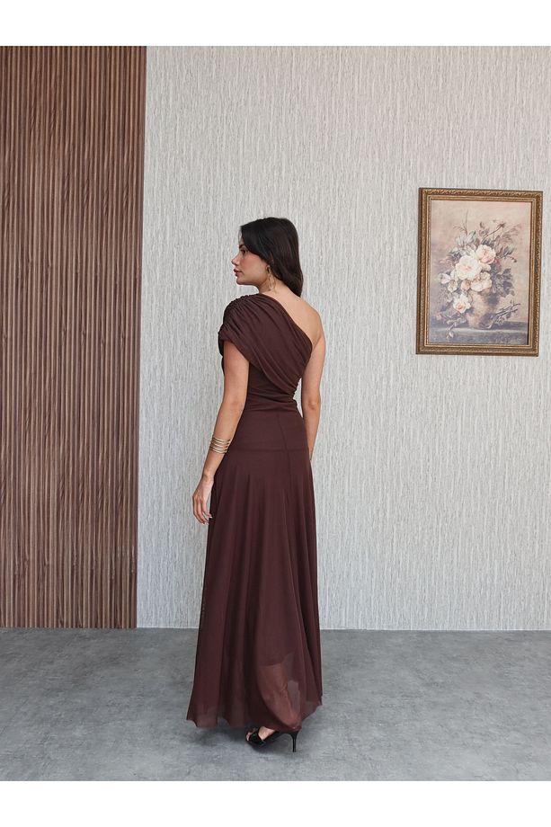 Drapeli Şal Yaka Uzun Elbise - 5