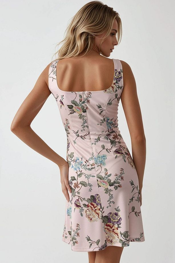 Kare Yaka ve Çiçekli Desenli Bodycon Mini Elbise - 5