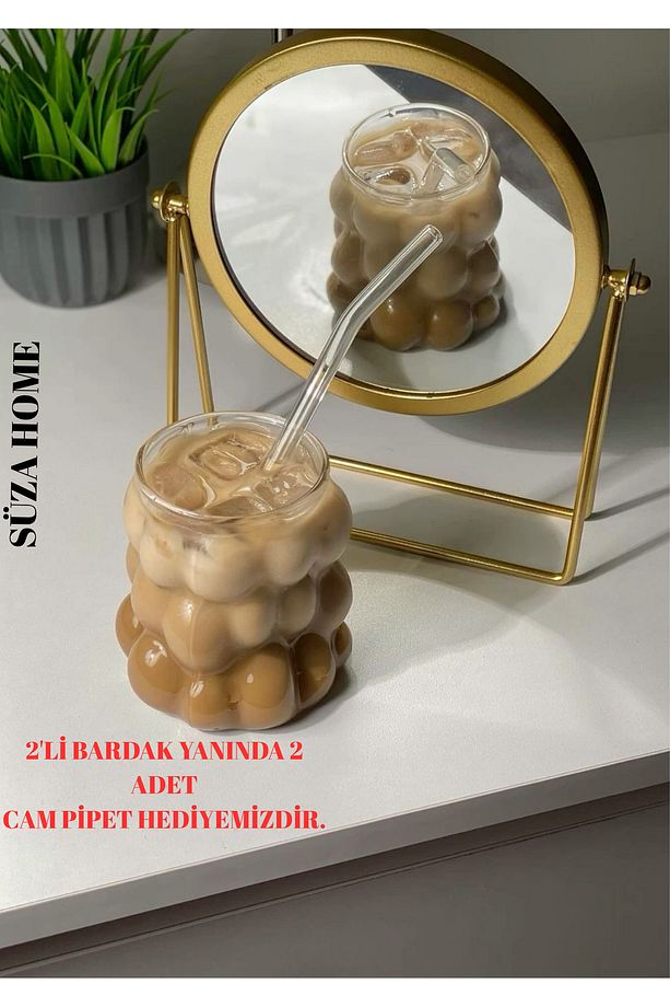 Bubble Tasarımlı 2’li Cam Bardak ve cam pipet– 300 ml Şık bardak - 2