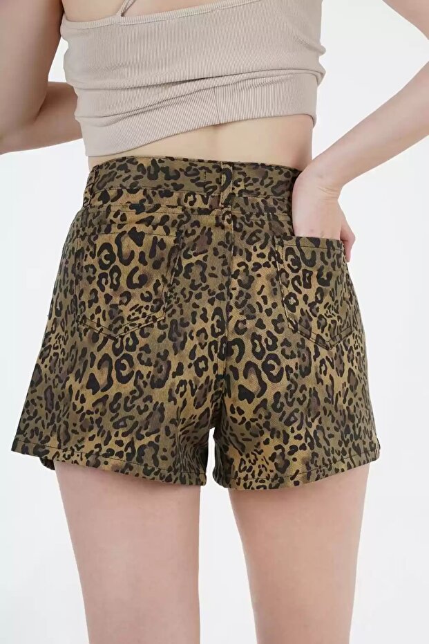 Leopar desenli denim şort - 2