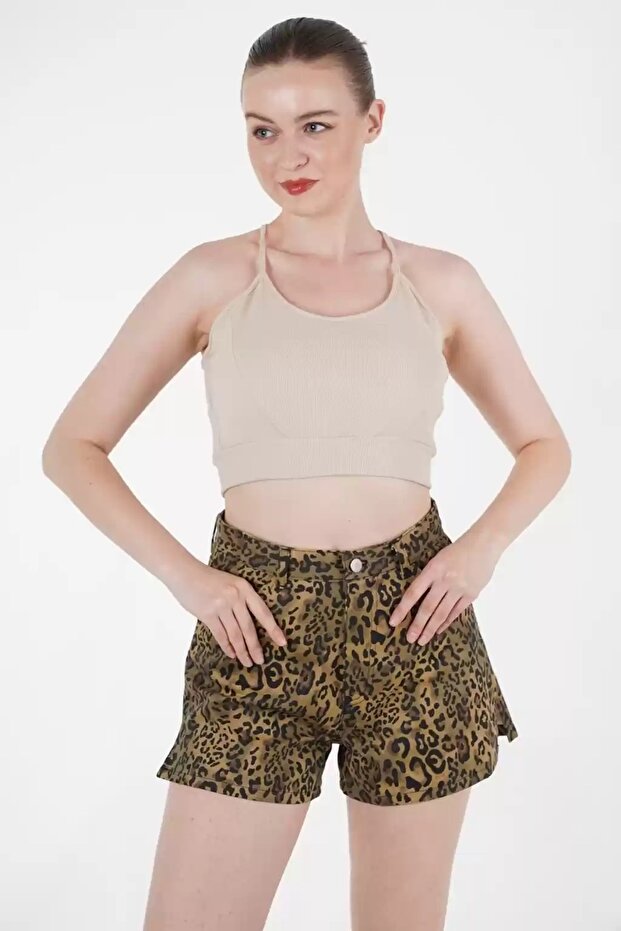 Leopar desenli denim şort - 3