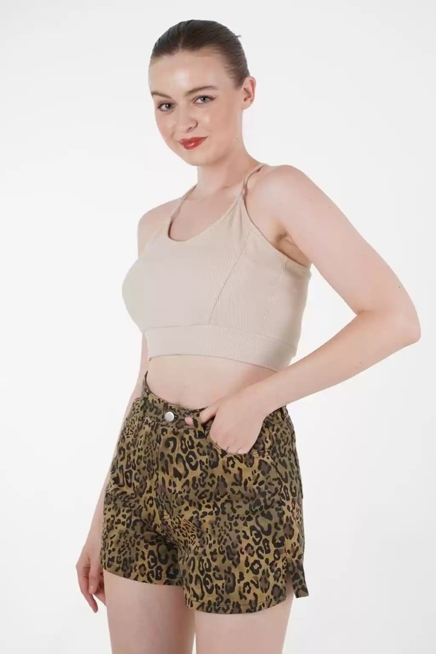 Leopar desenli denim şort - 1