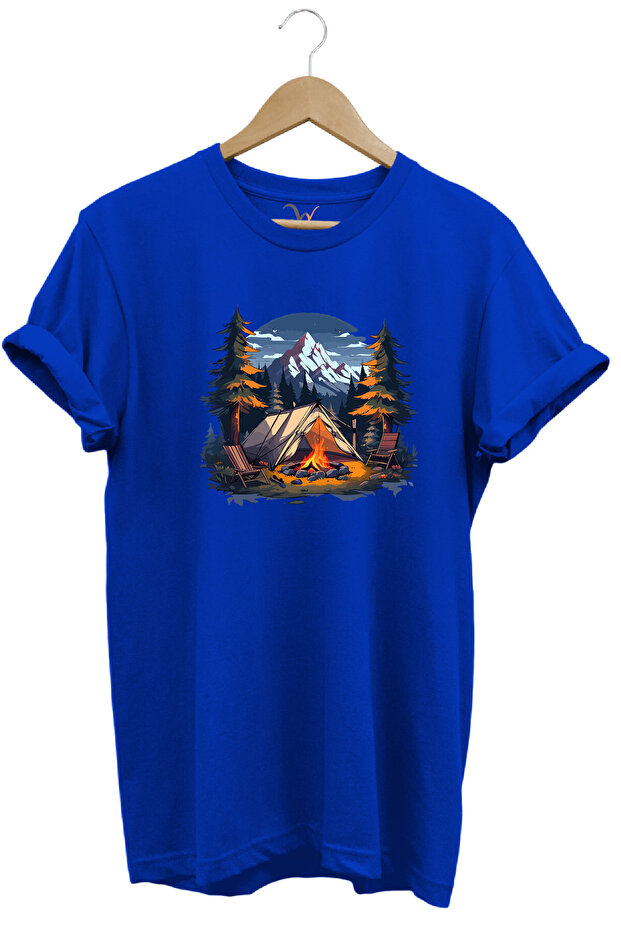 Summer Camping Nature Tent and Mountain Printed 100% Cotton Regular Fit Crew Neck T-Shirt