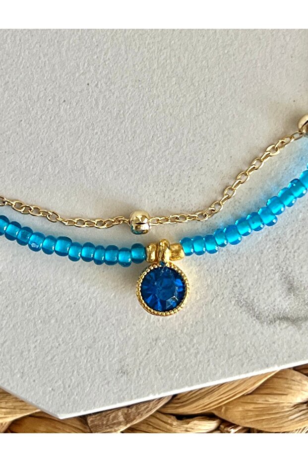 Shiny Beaded Anklet with Blue Crystals - 3