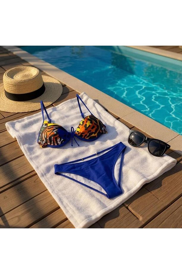 Kadın Saks Mavi Üst Desenli Push-Up Bikini Takımı - 2