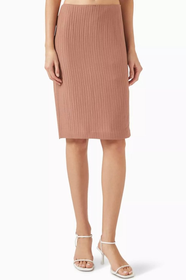 Crinkled Silk-Cotton Midi Skirt, Breathable and Textured Elegant Skirt
