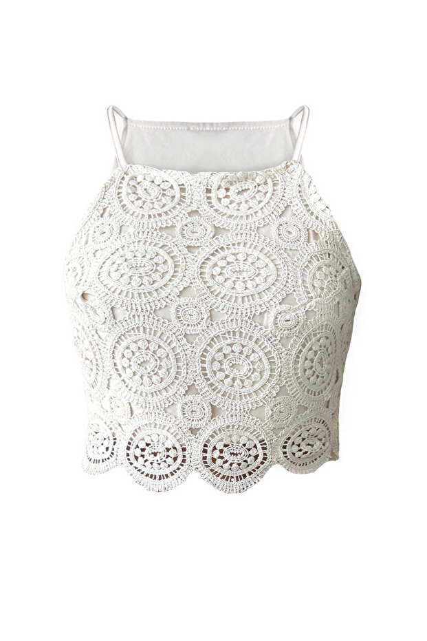 Bej Kroşe Detaylı Crop Dokuma Bluz TWOSS25BZ00579 - 7