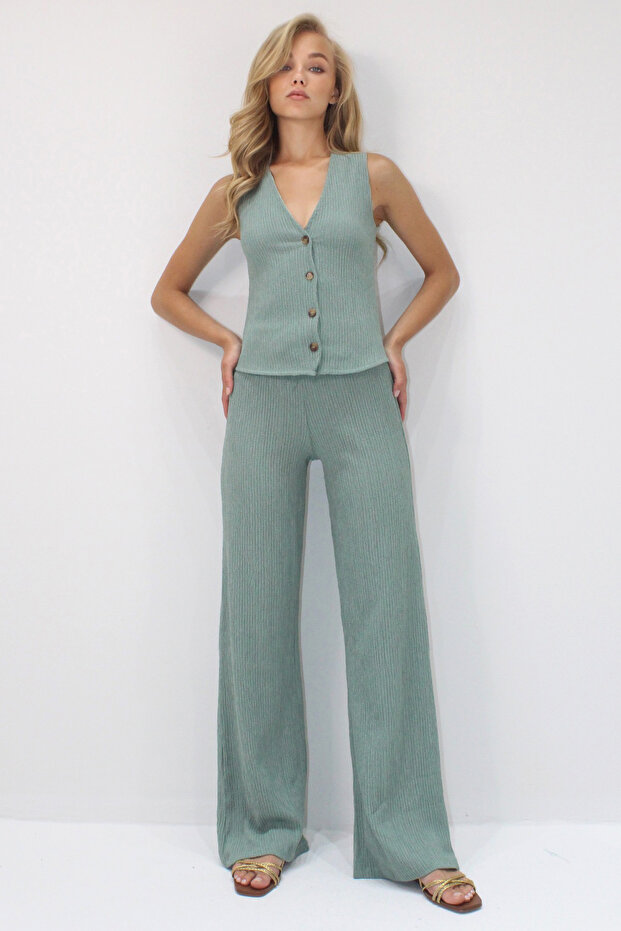 Green V-Neck Buttoned Vest and Trousers Set Alc-X13583