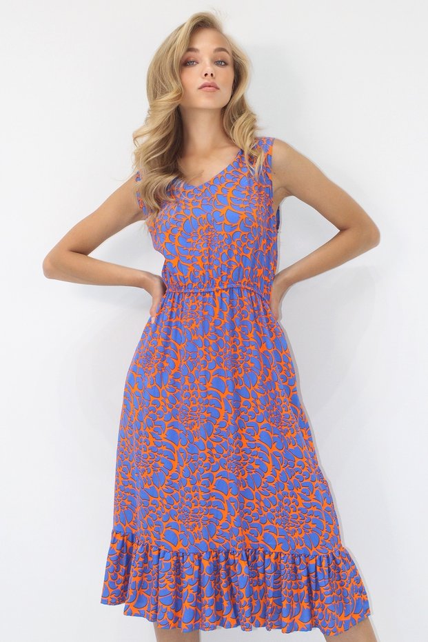 Women's Cobalt Blue Front Back V-Neck Patterned Skirt Flounced Midi Length Woven Viscose Dress Alc-X14204