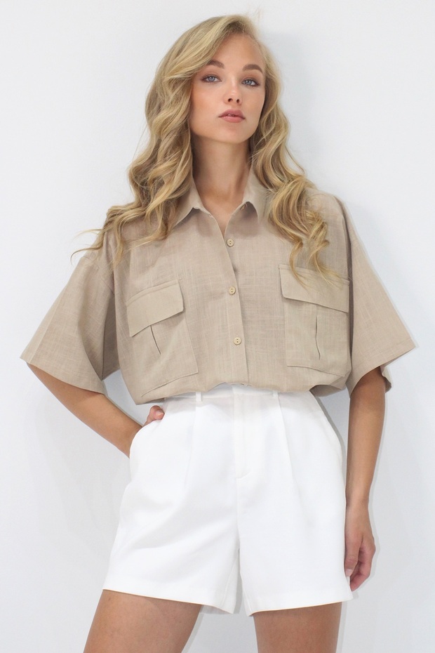 Women's Sand Beige Double Pocket Half Sleeve Linen Shirt ALC-X9991