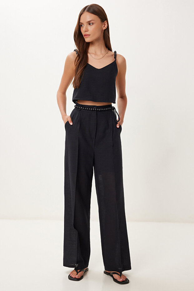 Women's Black Bead Detail Linen Blouse Pants Suit Bv00170