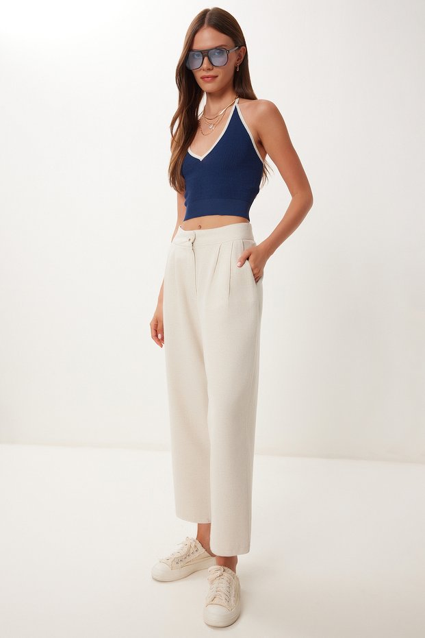 Women's Cream Pocket Linen Baggy Trousers Bv00164