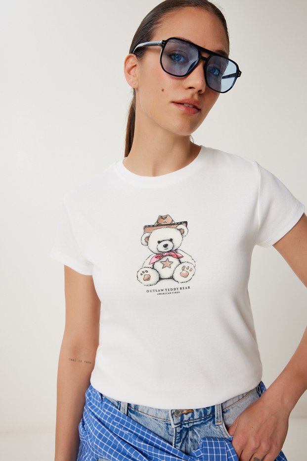 Women's Ecru Teddy Bear Printed Cotton Knitted T-Shirt Ub00404