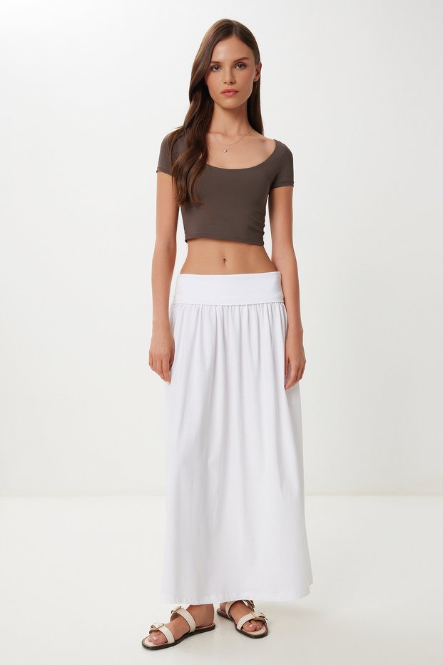 Women's Ecru Long Summer Flexible Knitted Skirt Cr00519