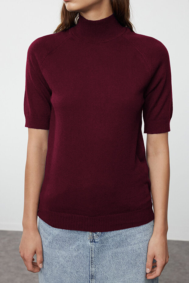 Bordo Merserize Görünümlü Premium İplik/Özel İplik Basic İnce Triko Bluz TWOAW24BZ00005 - 5
