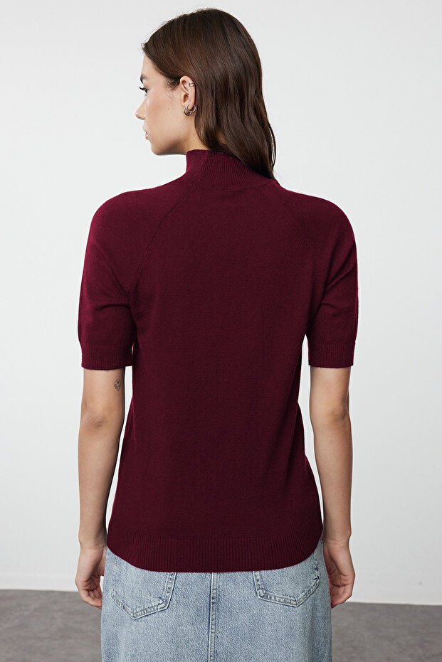 Bordo Merserize Görünümlü Premium İplik/Özel İplik Basic İnce Triko Bluz TWOAW24BZ00005 - 7