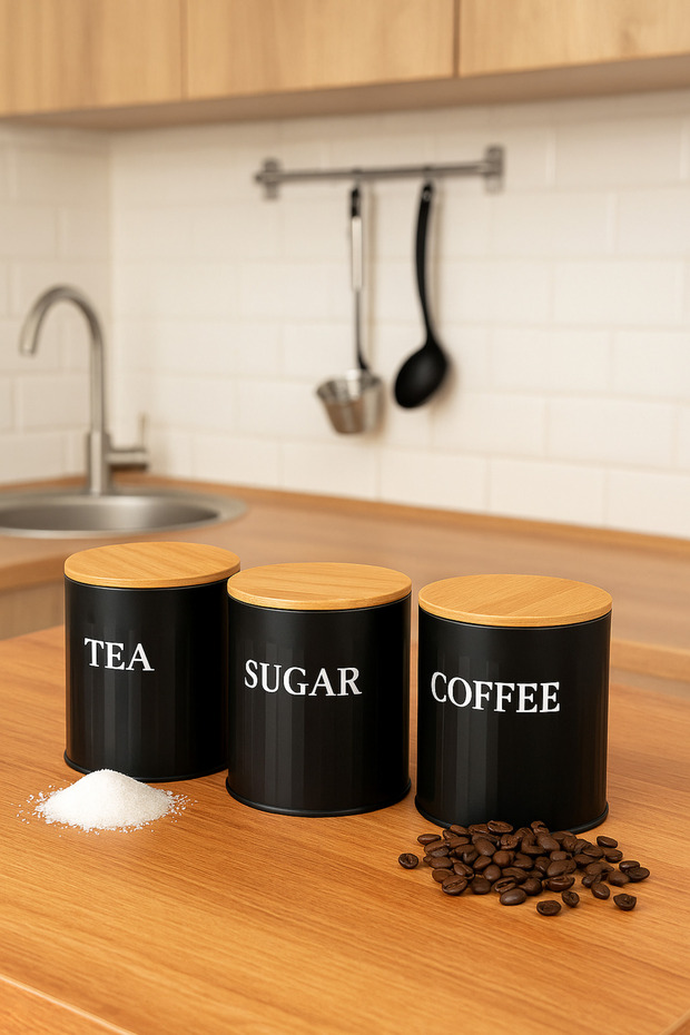 3-Piece Wooden Lid Metal Storage Box Tea Coffee Sugar Jar Storage Container Black
