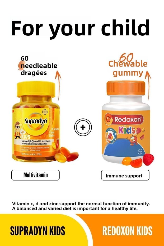 Kids and Kids Package: 60X2 Chewable Dragee and Gummy, Multivitamin and Immunity Support Set