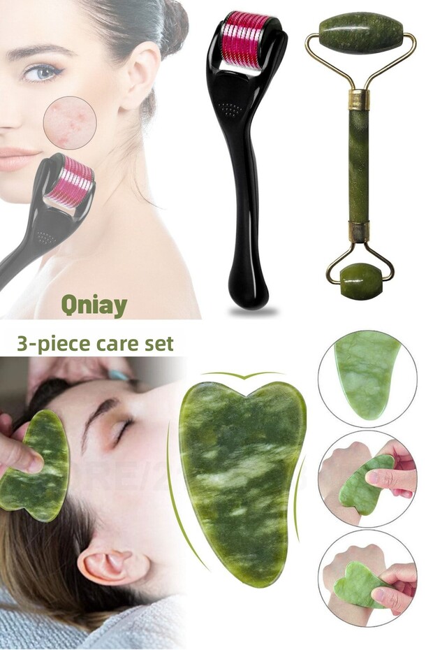 Triple Massage Set Dermaroller 0.5mm | Green Jade Stone | Gua Sha Skin Care Massage