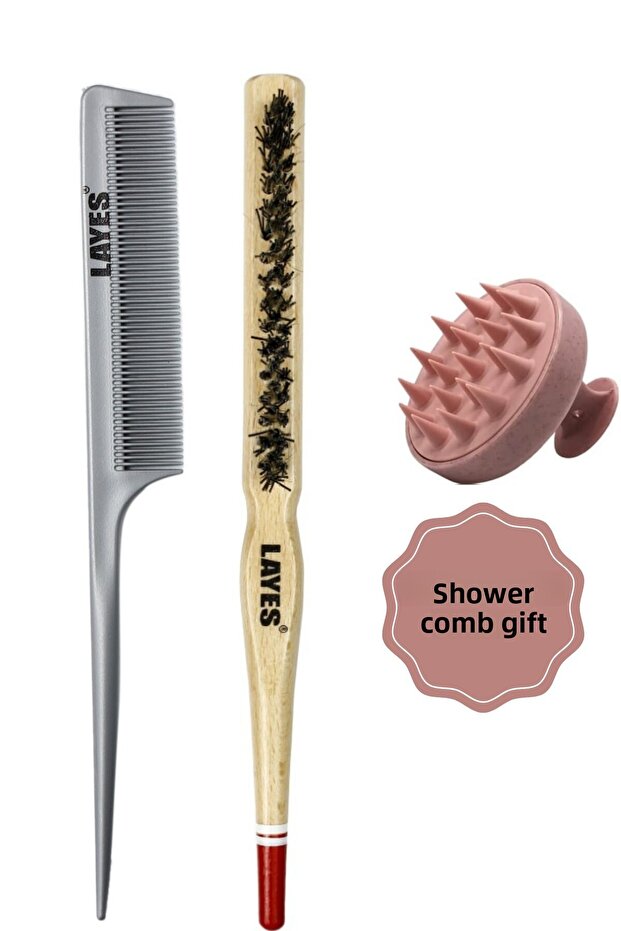 Professional Hair Bun Brush + Grey Toothless Crepe Comb + Pink Shower Comb