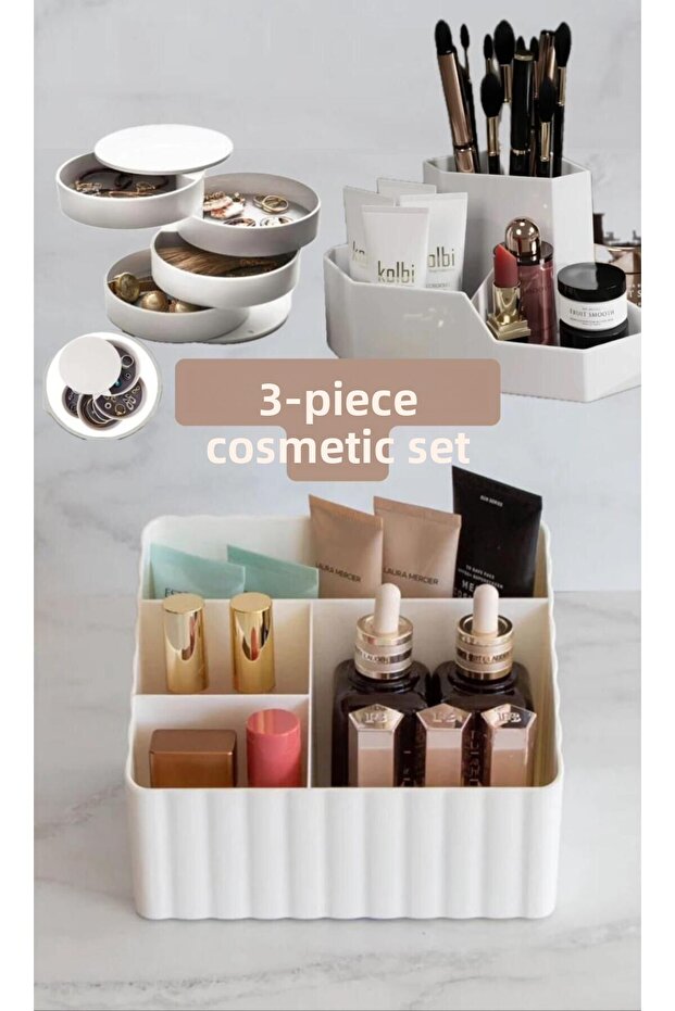 3 Piece Cosmetic Organizer Makeup Organizer Set - Brush Holder Pen Holder Jewelry Box