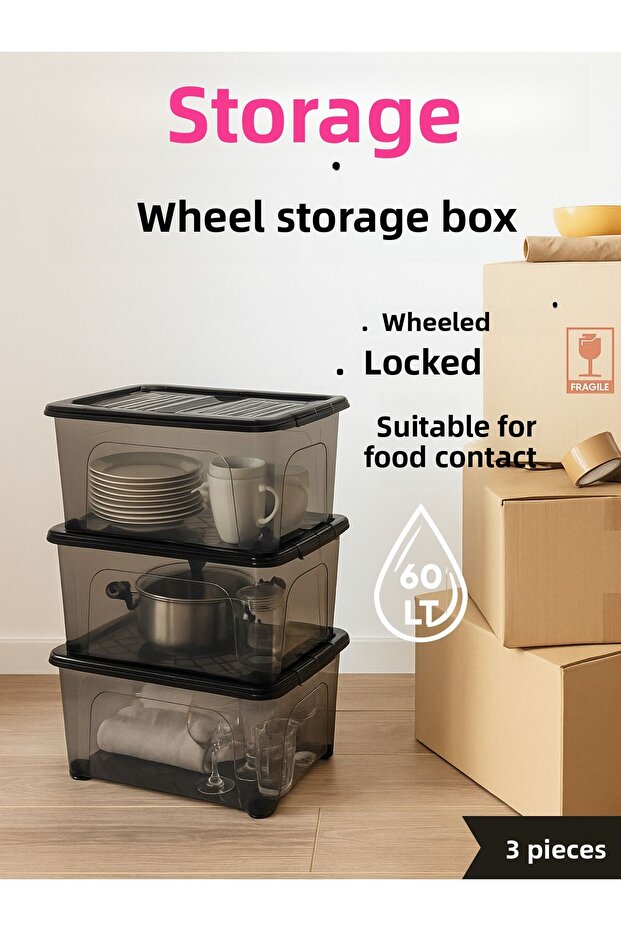 60 Lt Storage Box with Wheels (Set of 3) - Transparent Storage Box with Lock, Suitable for Food Contact