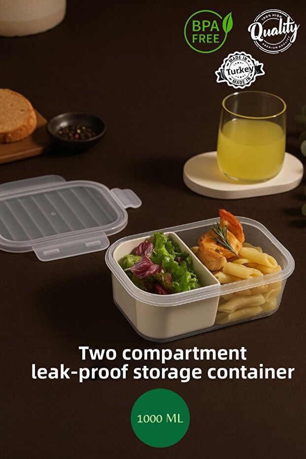 Two Compartment Transparent Leakproof Lid Storage Container - Breakfast - Nutrition Container -1000 ml - 1