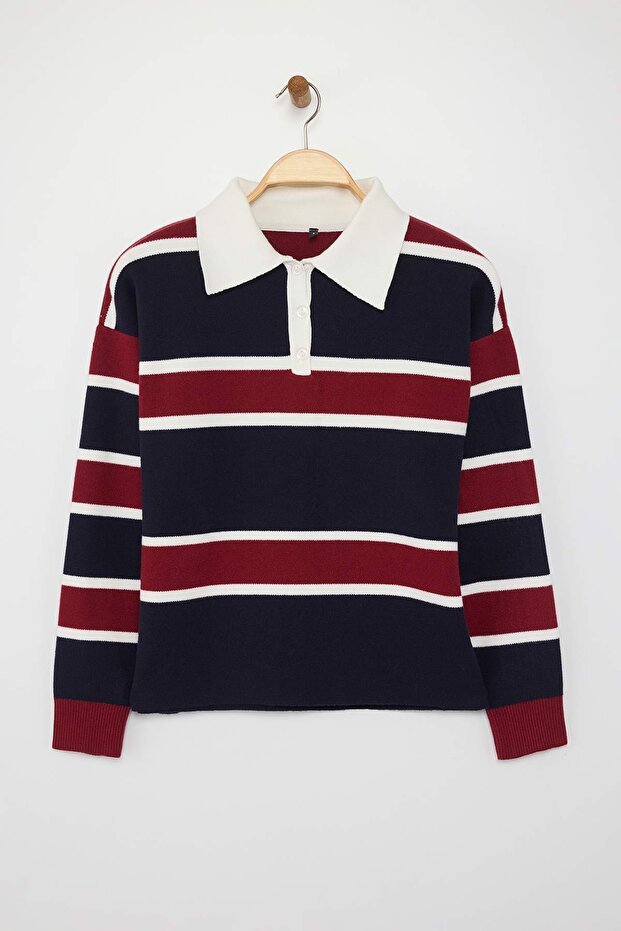 Wardrobe Essentials Lacivert Premium/Özel İplik Polo Yaka Triko Kazak | TWOAW26KZ00060 - 5