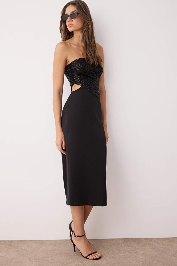 Siyah Cut Out/Pencere Detaylı Astarlı Payet Dokuma Midi Düğün/Nikah Elbisesi TPRSS25EL00306 - 1