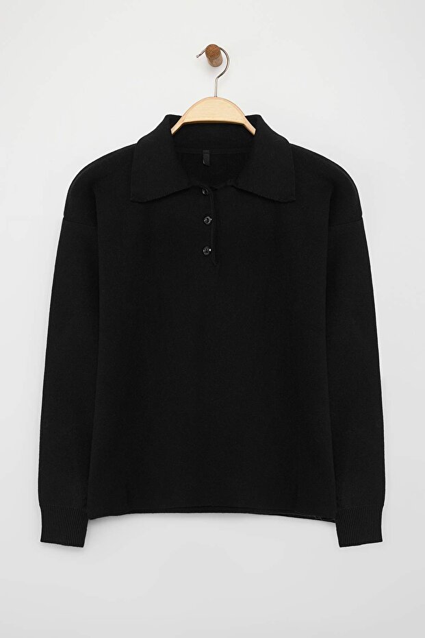 Wardrobe Essentials Siyah*001 Premium/Özel İplik Polo Yaka Triko Kazak | TWOAW26KZ00060 - 6