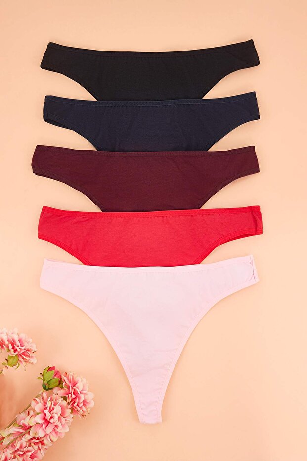 Çok Renkli 5'li Paket Pamuklu Normal Bel Tanga Büyük Beden Külot TBBSS25CM00012 - 2