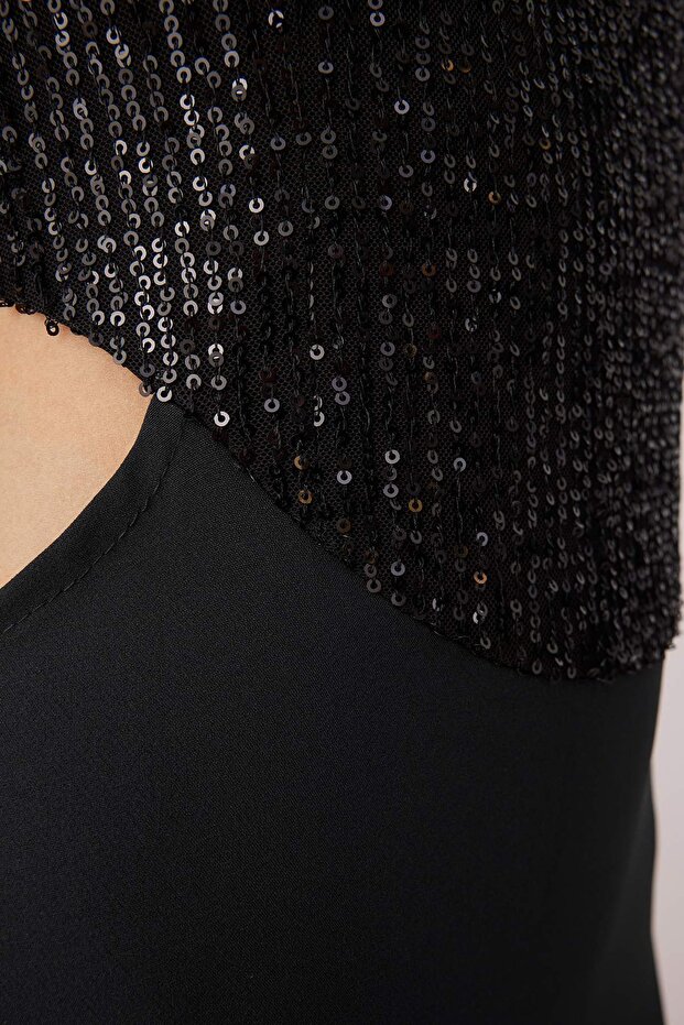 Siyah Cut Out/Pencere Detaylı Astarlı Payet Dokuma Midi Düğün/Nikah Elbisesi TPRSS25EL00306 - 3