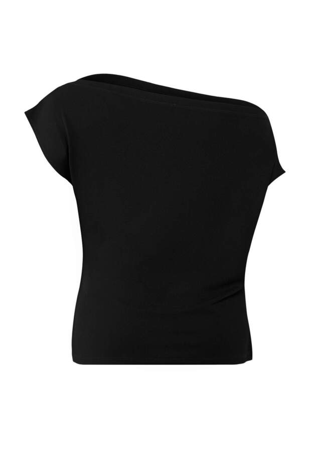 Siyah Büzgü/Drape Detaylı Dökümlü Asimetrik Yaka Örme Bluz TBBSS25AF00119 - 8